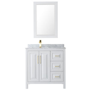 Daria 36 Inch Single Bathroom Vanity in White White Carrara Marble Countertop Undermount Square Sink 24 Inch Mirror Brushed Gold Trim