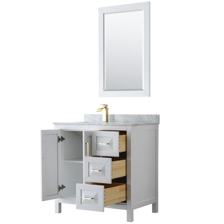 Daria 36 Inch Single Bathroom Vanity in White White Carrara Marble Countertop Undermount Square Sink 24 Inch Mirror Brushed Gold Trim