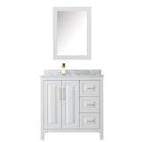 Daria 36 Inch Single Bathroom Vanity in White White Carrara Marble Countertop Undermount Square Sink Medicine Cabinet Brushed Gold Trim