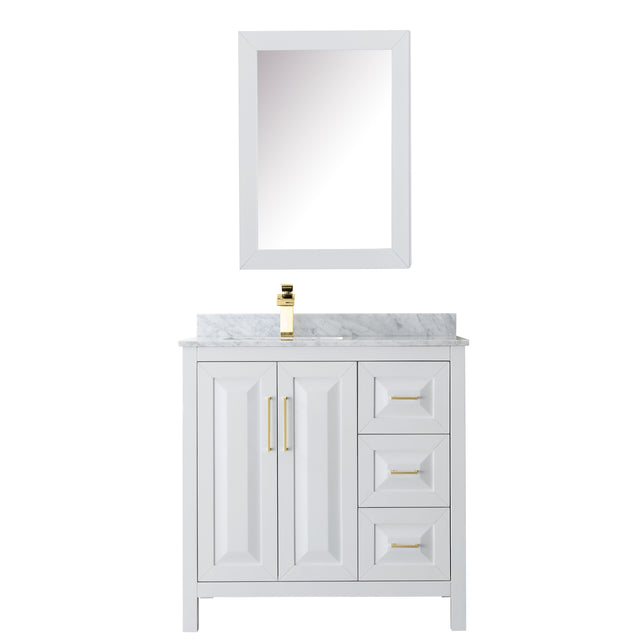 Daria 36 Inch Single Bathroom Vanity in White White Carrara Marble Countertop Undermount Square Sink Medicine Cabinet Brushed Gold Trim