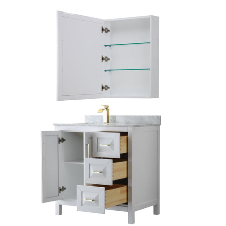 Daria 36 Inch Single Bathroom Vanity in White White Carrara Marble Countertop Undermount Square Sink Medicine Cabinet Brushed Gold Trim