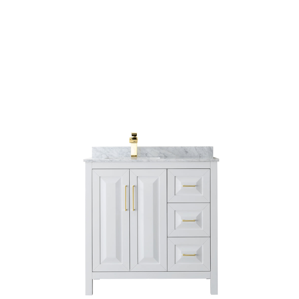 Daria 36 Inch Single Bathroom Vanity in White White Carrara Marble Countertop Undermount Square Sink Brushed Gold Trim