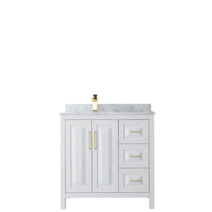 Daria 36 Inch Single Bathroom Vanity in White White Carrara Marble Countertop Undermount Square Sink Brushed Gold Trim