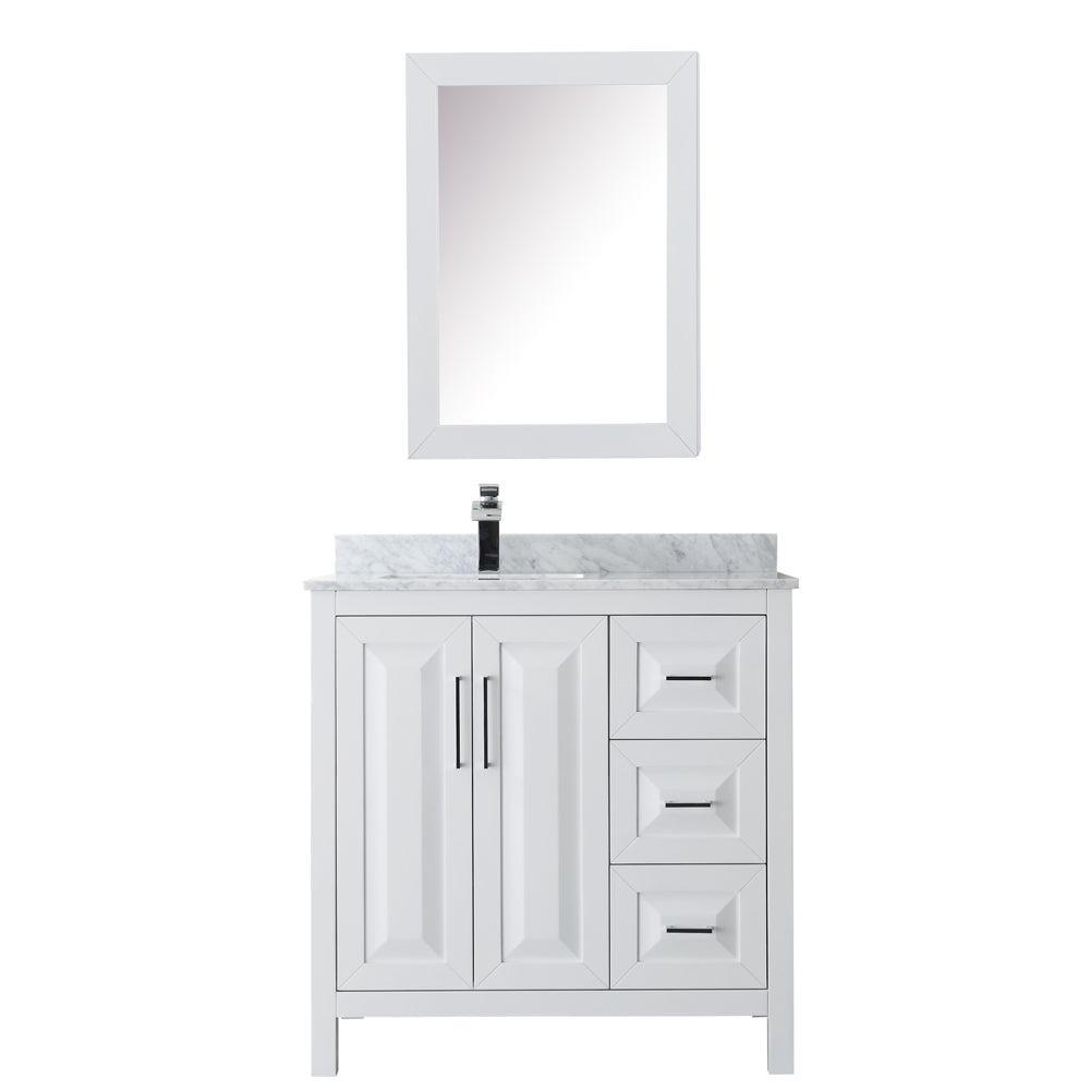 Daria 36 Inch Single Bathroom Vanity in White White Carrara Marble Countertop Undermount Square Sink and Medicine Cabinet