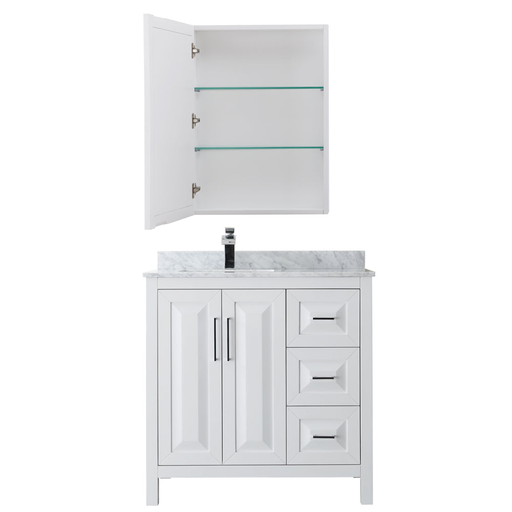 Daria 36 Inch Single Bathroom Vanity in White White Carrara Marble Countertop Undermount Square Sink and Medicine Cabinet