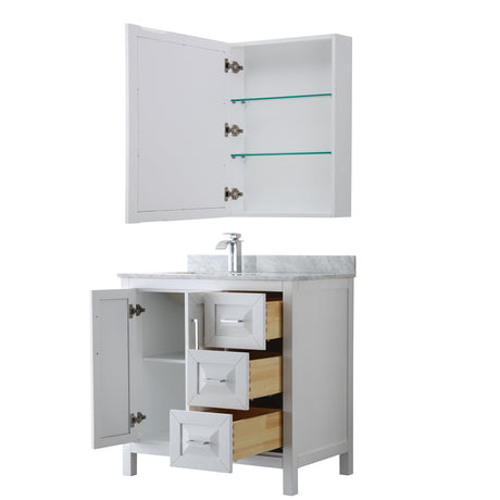 Daria 36 Inch Single Bathroom Vanity in White White Carrara Marble Countertop Undermount Square Sink and Medicine Cabinet