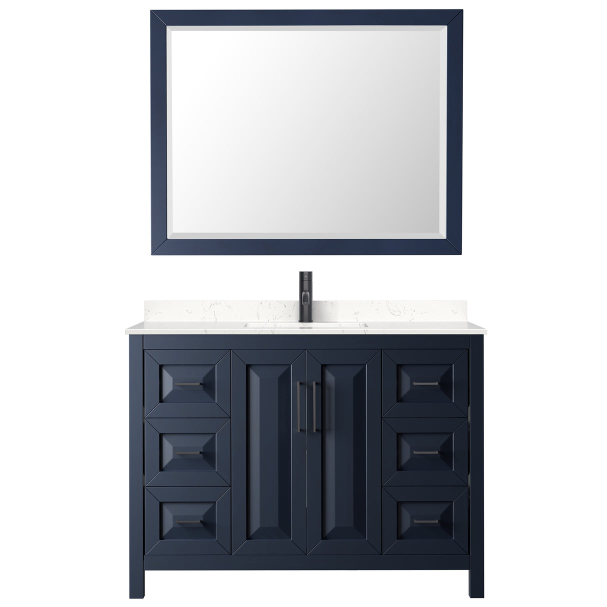 Daria 48 Inch Single Bathroom Vanity in Dark Blue Carrara Cultured Marble Countertop Undermount Square Sink Matte Black Trim 46 Inch Mirror