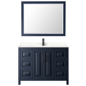 Daria 48 Inch Single Bathroom Vanity in Dark Blue Carrara Cultured Marble Countertop Undermount Square Sink Matte Black Trim 46 Inch Mirror