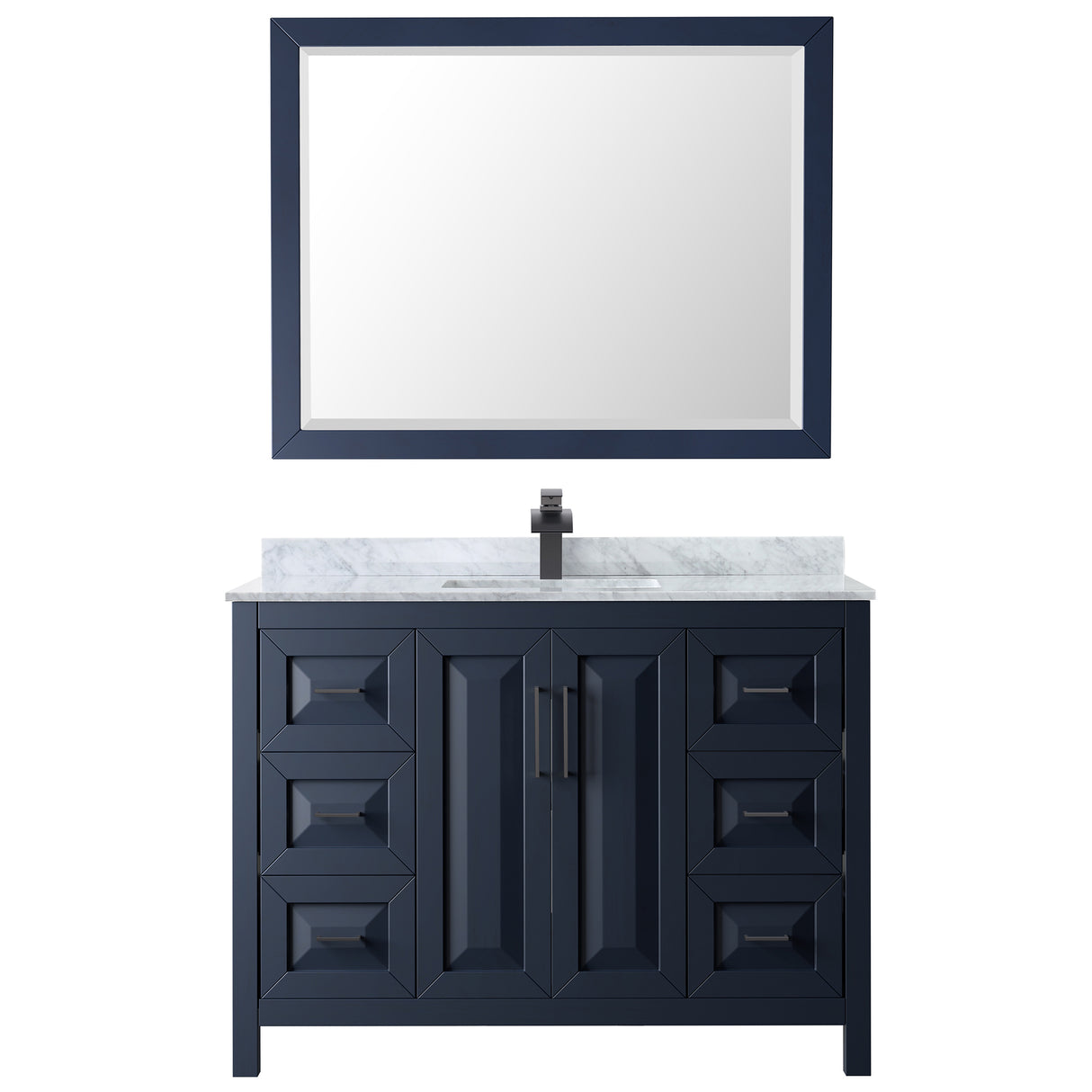 Daria 48 Inch Single Bathroom Vanity in Dark Blue White Carrara Marble Countertop Undermount Square Sink Matte Black Trim 46 Inch Mirror