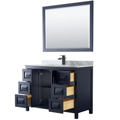 Daria 48 Inch Single Bathroom Vanity in Dark Blue White Carrara Marble Countertop Undermount Square Sink Matte Black Trim 46 Inch Mirror