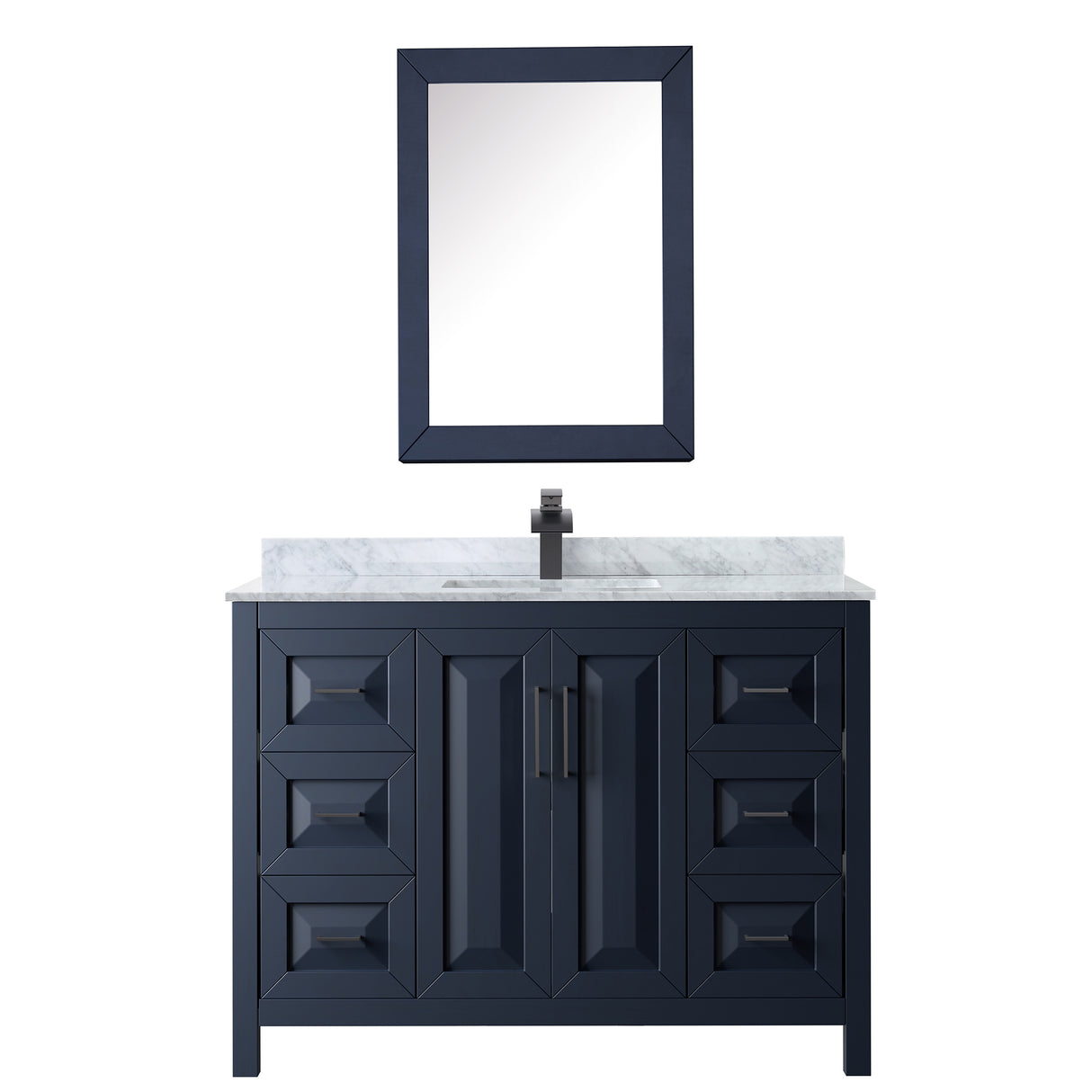 Daria 48 Inch Single Bathroom Vanity in Dark Blue White Carrara Marble Countertop Undermount Square Sink Matte Black Trim Medicine Cabinet