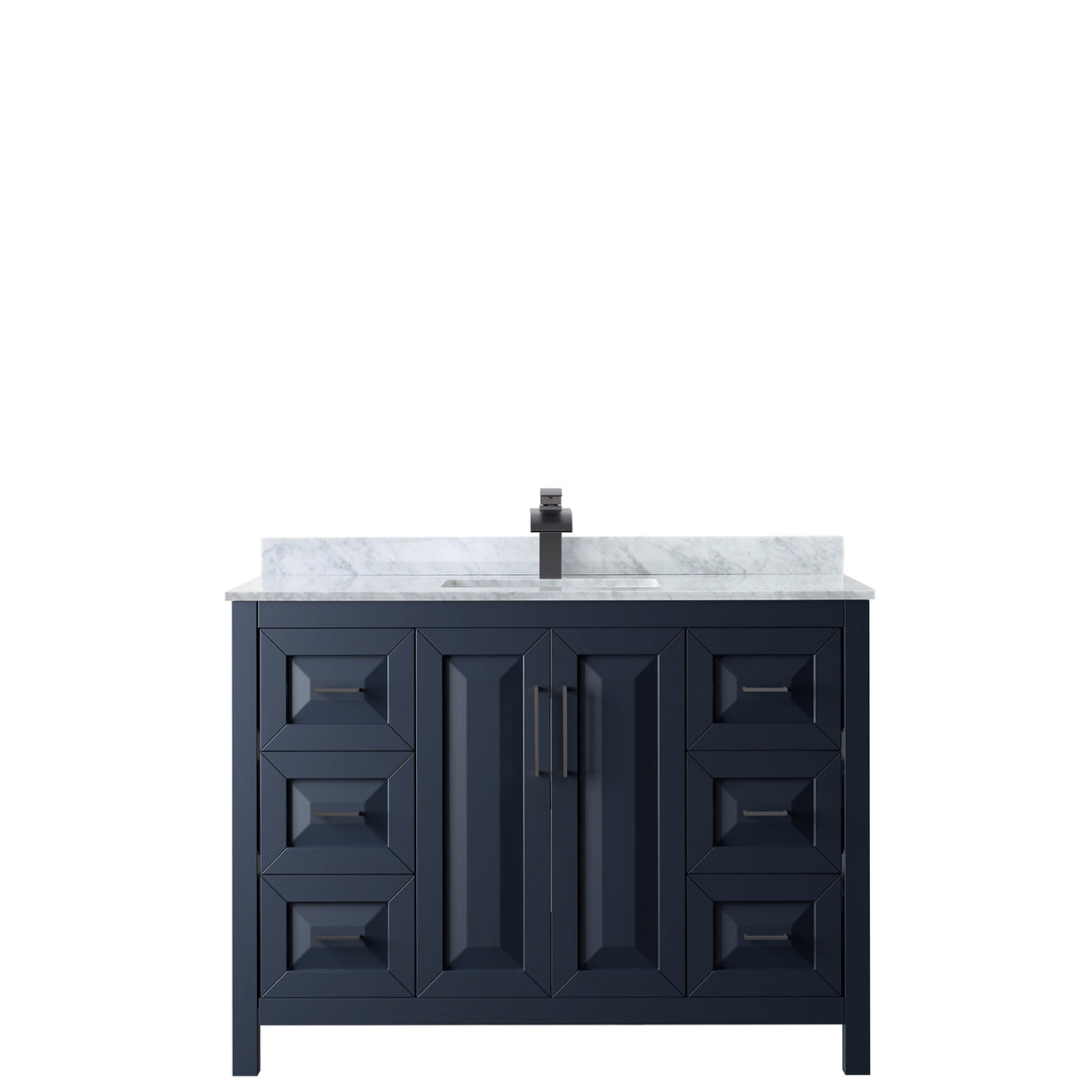 Daria 48 Inch Single Bathroom Vanity in Dark Blue White Carrara Marble Countertop Undermount Square Sink Matte Black Trim