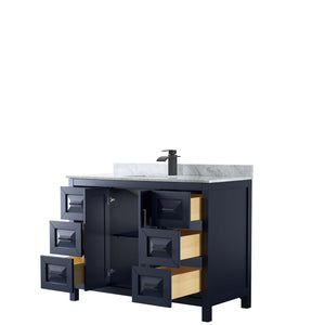 Daria 48 Inch Single Bathroom Vanity in Dark Blue White Carrara Marble Countertop Undermount Square Sink Matte Black Trim