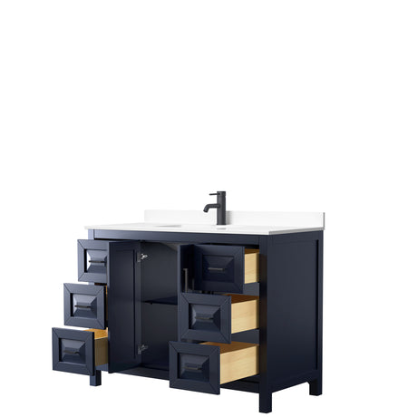 Daria 48 Inch Single Bathroom Vanity in Dark Blue White Cultured Marble Countertop Undermount Square Sink Matte Black Trim