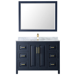 Daria 48 Inch Single Bathroom Vanity in Dark Blue White Carrara Marble Countertop Undermount Square Sink 46 Inch Mirror