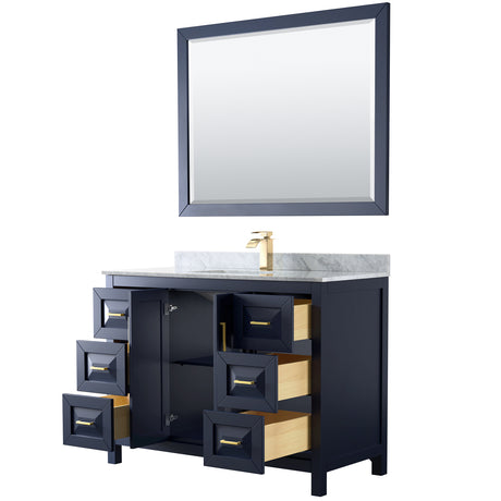 Daria 48 Inch Single Bathroom Vanity in Dark Blue White Carrara Marble Countertop Undermount Square Sink 46 Inch Mirror