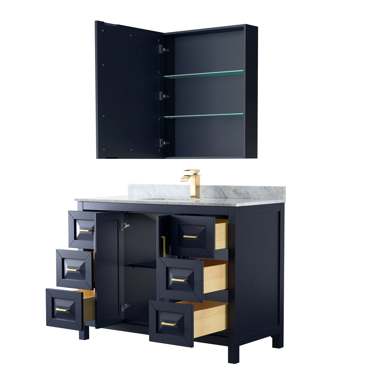 Daria 48 Inch Single Bathroom Vanity in Dark Blue White Carrara Marble Countertop Undermount Square Sink Medicine Cabinet