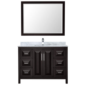Daria 48 Inch Single Bathroom Vanity in Dark Espresso White Carrara Marble Countertop Undermount Square Sink and 46 Inch Mirror