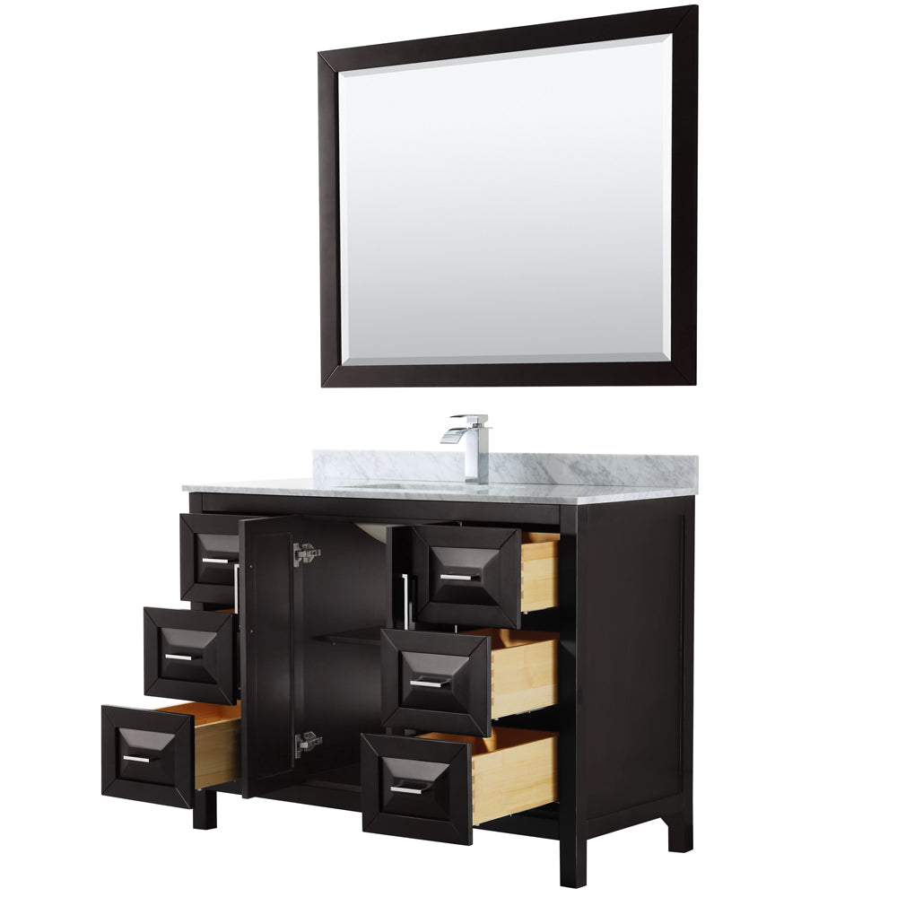 Daria 48 Inch Single Bathroom Vanity in Dark Espresso White Carrara Marble Countertop Undermount Square Sink and 46 Inch Mirror