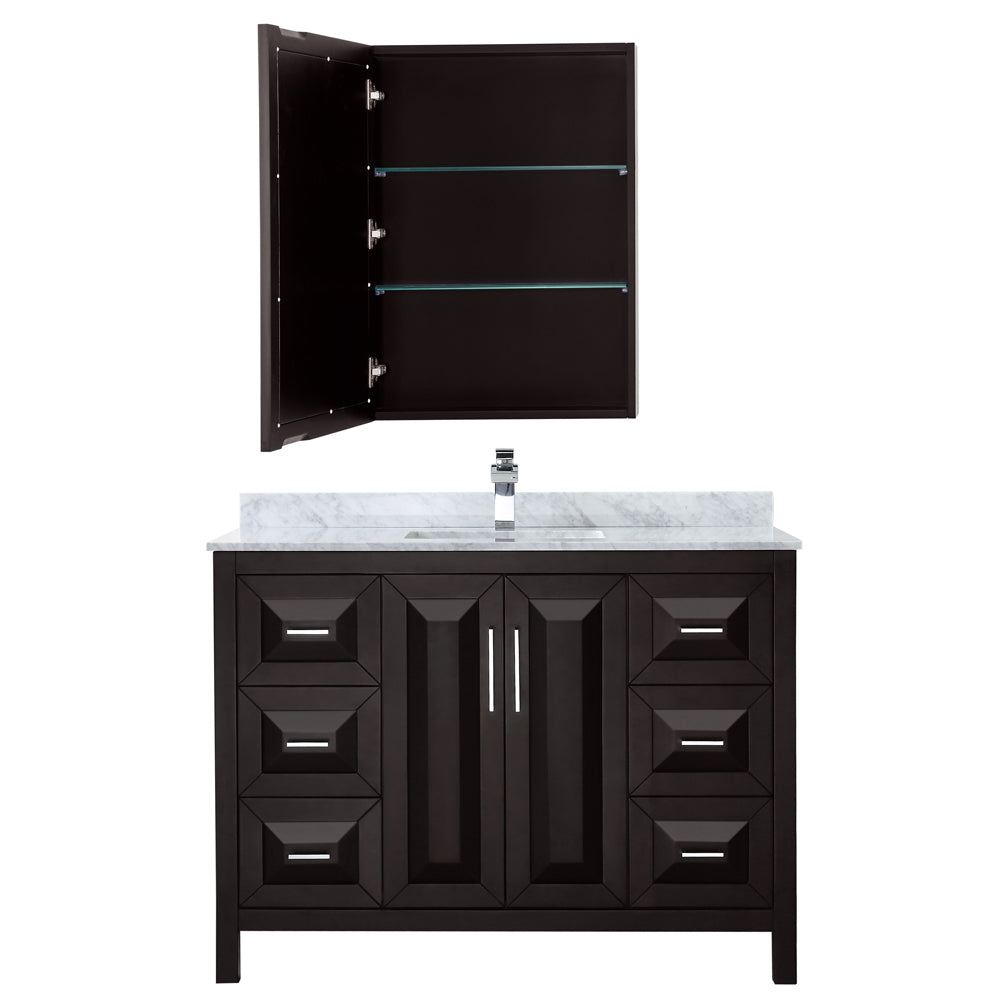 Daria 48 Inch Single Bathroom Vanity in Dark Espresso White Carrara Marble Countertop Undermount Square Sink and Medicine Cabinet