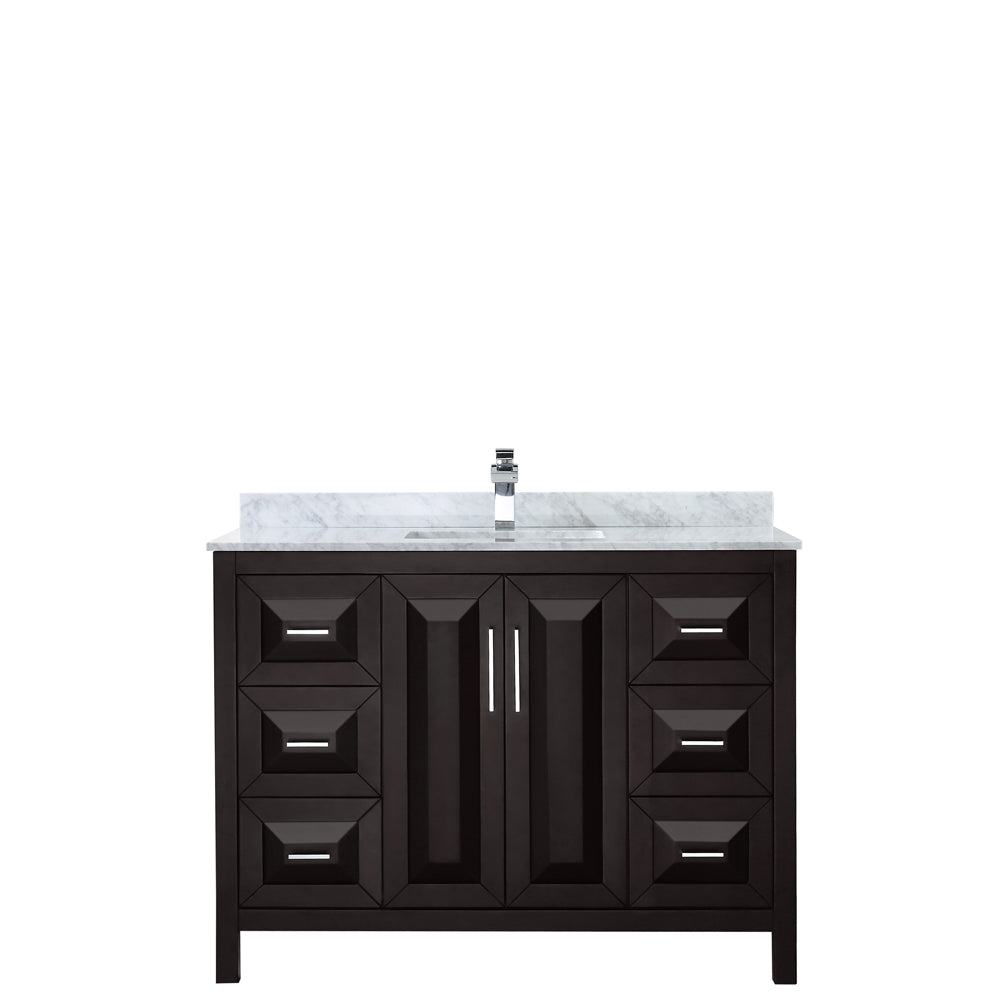 Daria 48 Inch Single Bathroom Vanity in Dark Espresso White Carrara Marble Countertop Undermount Square Sink and No Mirror