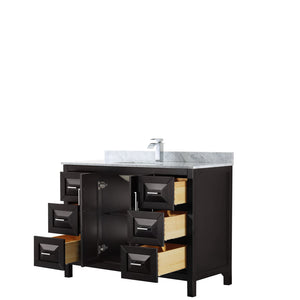 Daria 48 Inch Single Bathroom Vanity in Dark Espresso White Carrara Marble Countertop Undermount Square Sink and No Mirror