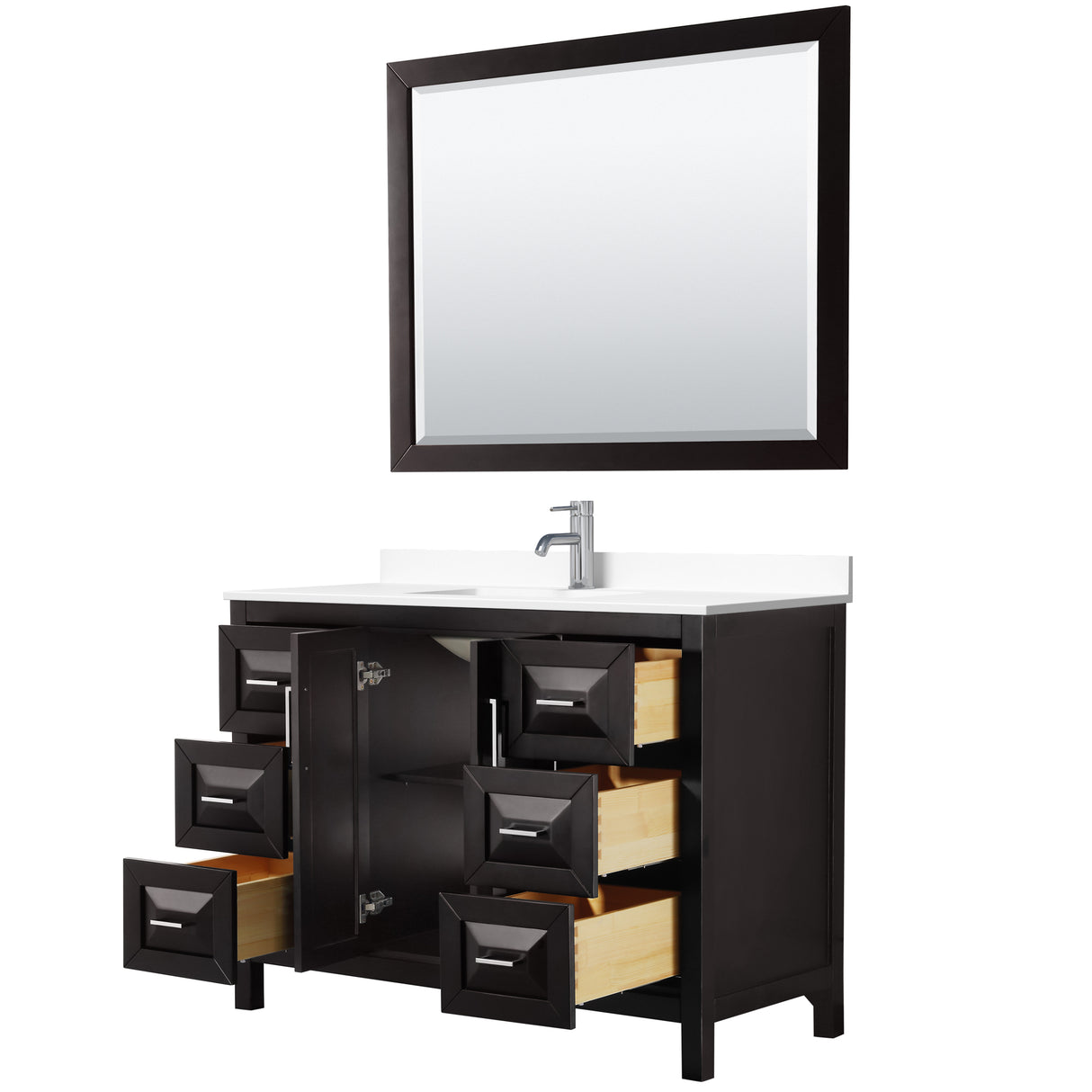 Daria 48 Inch Single Bathroom Vanity in Dark Espresso White Cultured Marble Countertop Undermount Square Sink 46 Inch Mirror