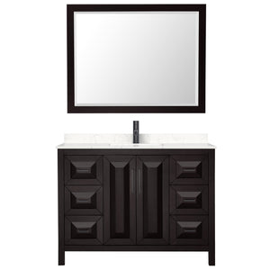 Daria 48 Inch Single Bathroom Vanity in Dark Espresso Carrara Cultured Marble Countertop Undermount Square Sink Matte Black Trim 46 Inch Mirror