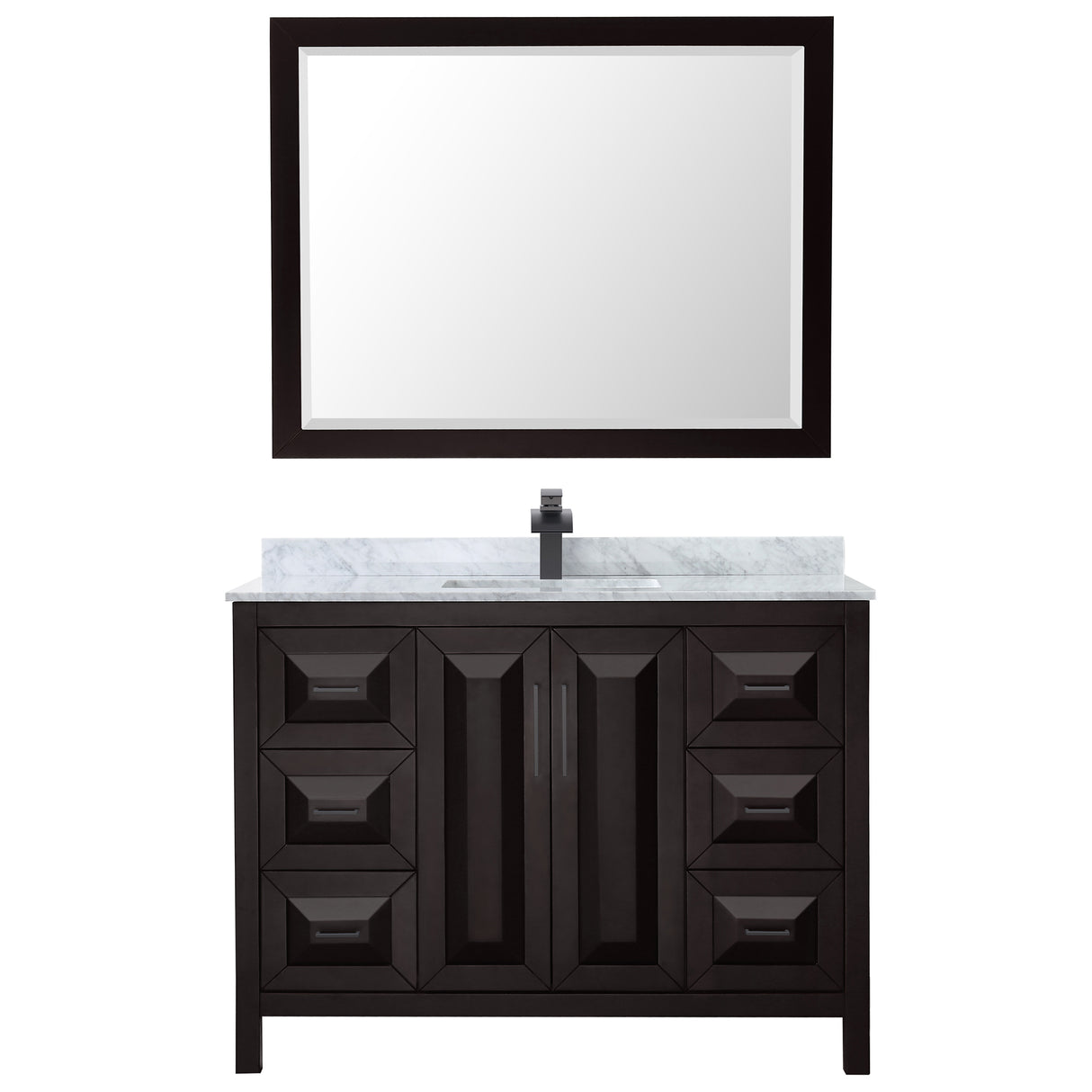 Daria 48 Inch Single Bathroom Vanity in Dark Espresso White Carrara Marble Countertop Undermount Square Sink Matte Black Trim 46 Inch Mirror