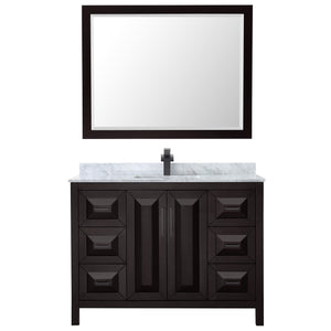 Daria 48 Inch Single Bathroom Vanity in Dark Espresso White Carrara Marble Countertop Undermount Square Sink Matte Black Trim 46 Inch Mirror
