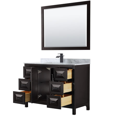 Daria 48 Inch Single Bathroom Vanity in Dark Espresso White Carrara Marble Countertop Undermount Square Sink Matte Black Trim 46 Inch Mirror
