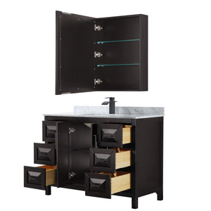 Daria 48 Inch Single Bathroom Vanity in Dark Espresso White Carrara Marble Countertop Undermount Square Sink Matte Black Trim Medicine Cabinet