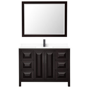 Daria 48 Inch Single Bathroom Vanity in Dark Espresso White Cultured Marble Countertop Undermount Square Sink Matte Black Trim 46 Inch Mirror