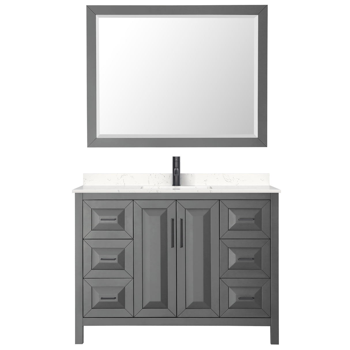 Daria 48 Inch Single Bathroom Vanity in Dark Gray Carrara Cultured Marble Countertop Undermount Square Sink Matte Black Trim 46 Inch Mirror