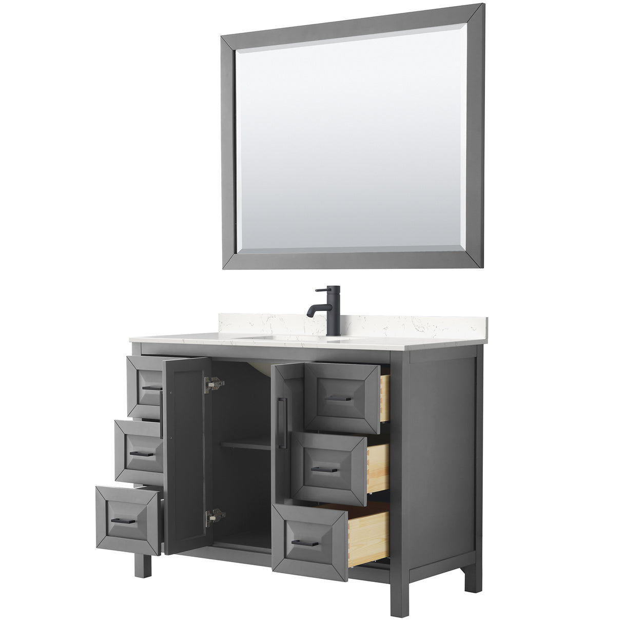 Daria 48 Inch Single Bathroom Vanity in Dark Gray Carrara Cultured Marble Countertop Undermount Square Sink Matte Black Trim 46 Inch Mirror