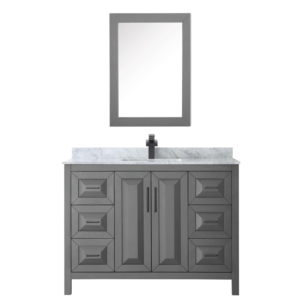 Daria 48 Inch Single Bathroom Vanity in Dark Gray White Carrara Marble Countertop Undermount Square Sink Matte Black Trim Medicine Cabinet