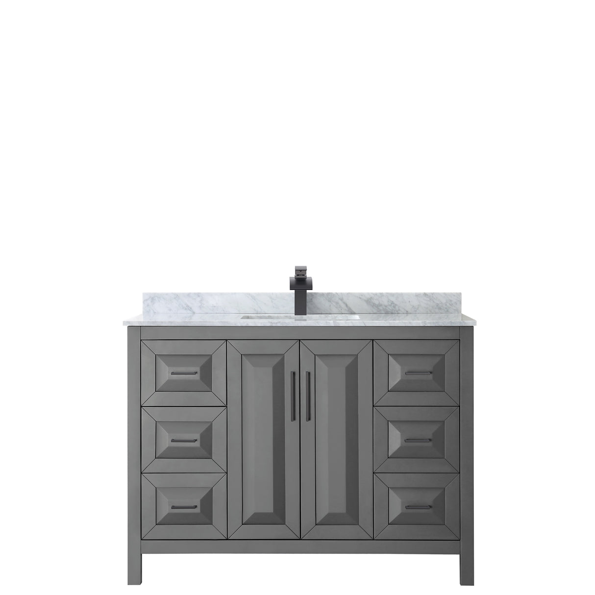 Daria 48 Inch Single Bathroom Vanity in Dark Gray White Carrara Marble Countertop Undermount Square Sink Matte Black Trim