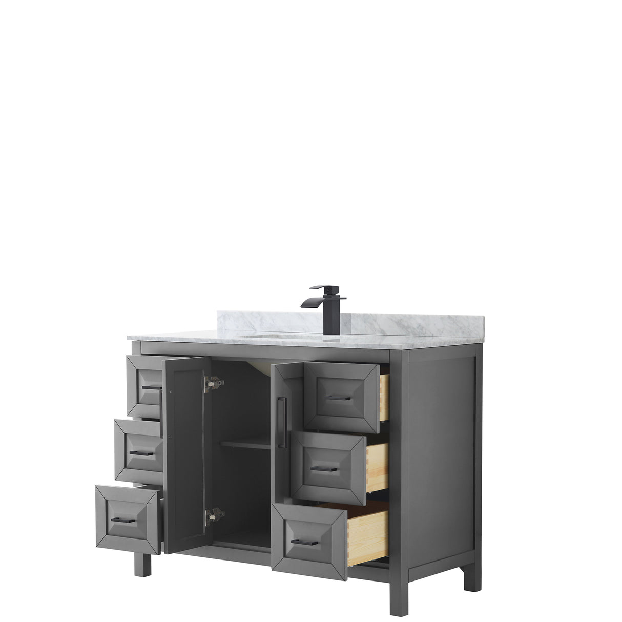 Daria 48 Inch Single Bathroom Vanity in Dark Gray White Carrara Marble Countertop Undermount Square Sink Matte Black Trim