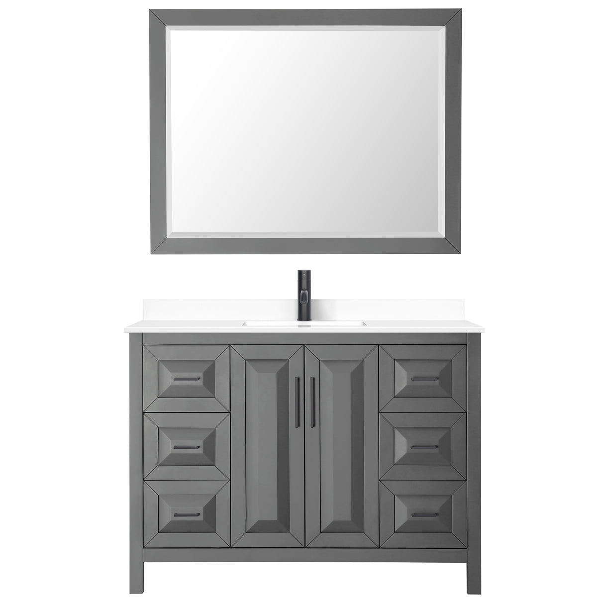 Daria 48 Inch Single Bathroom Vanity in Dark Gray White Cultured Marble Countertop Undermount Square Sink Matte Black Trim 46 Inch Mirror