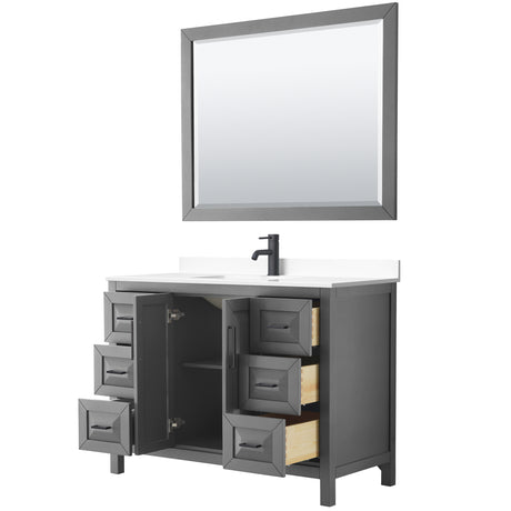 Daria 48 Inch Single Bathroom Vanity in Dark Gray White Cultured Marble Countertop Undermount Square Sink Matte Black Trim 46 Inch Mirror