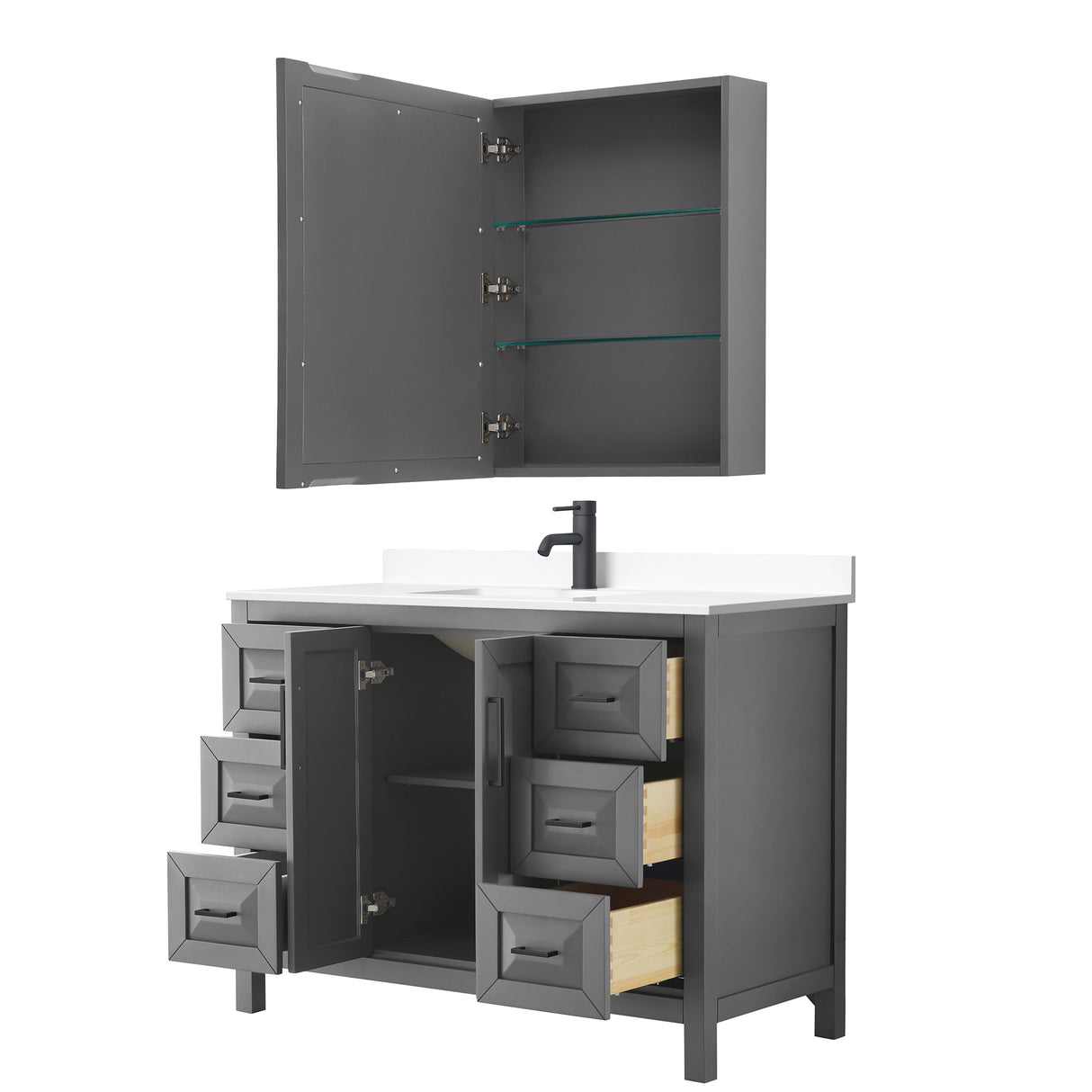 Daria 48 Inch Single Bathroom Vanity in Dark Gray White Cultured Marble Countertop Undermount Square Sink Matte Black Trim Medicine Cabinet