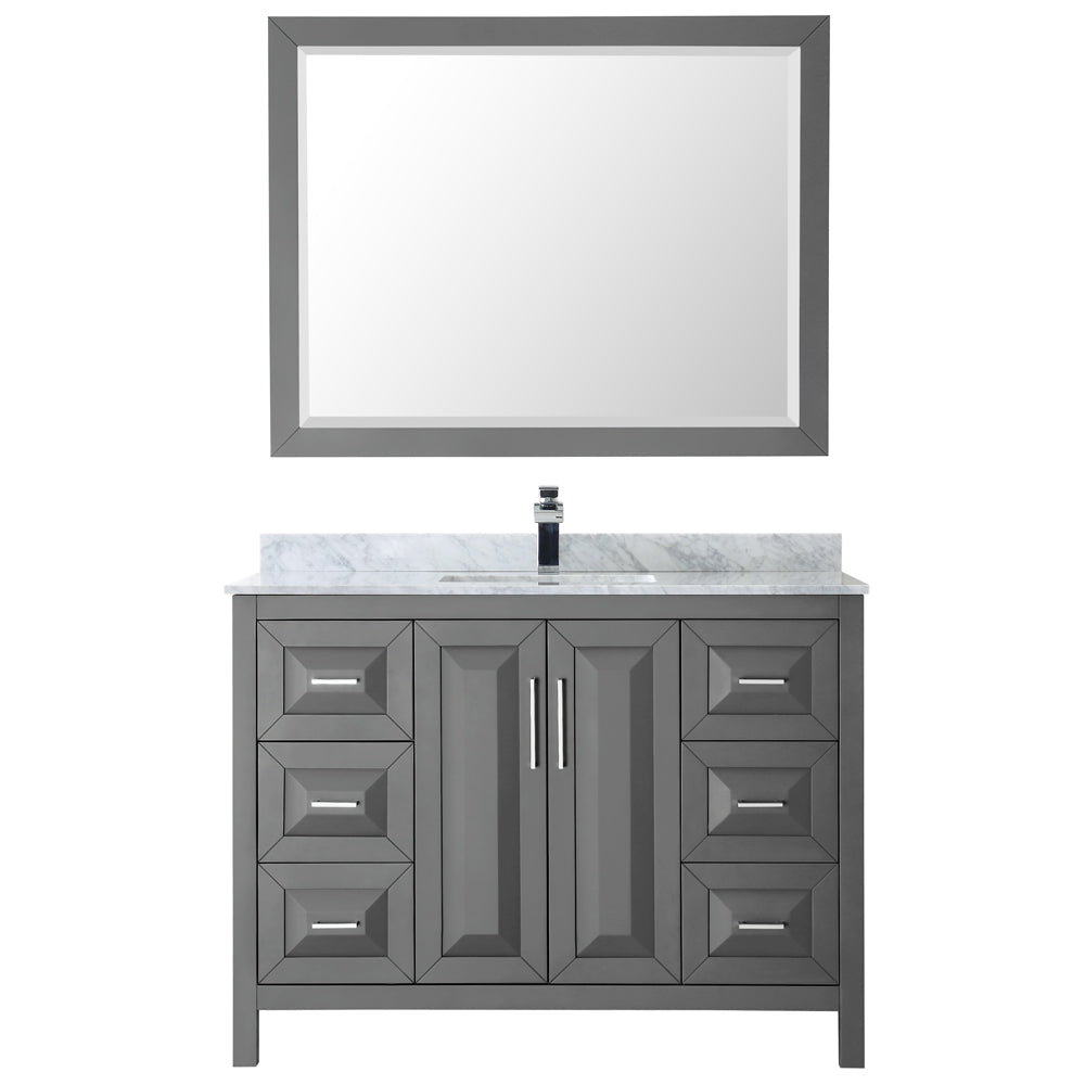 Daria 48 Inch Single Bathroom Vanity in Dark Gray White Carrara Marble Countertop Undermount Square Sink and 46 Inch Mirror