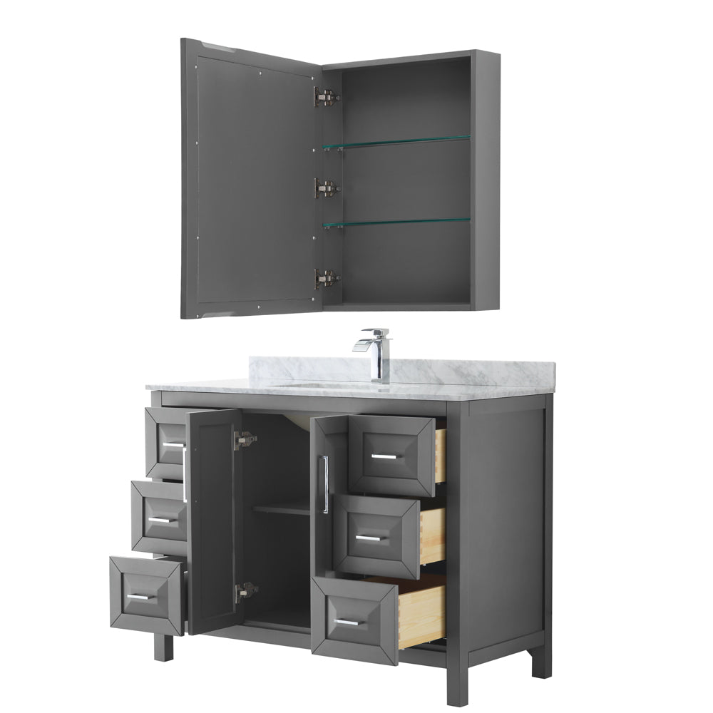 Daria 48 Inch Single Bathroom Vanity in Dark Gray White Carrara Marble Countertop Undermount Square Sink and Medicine Cabinet