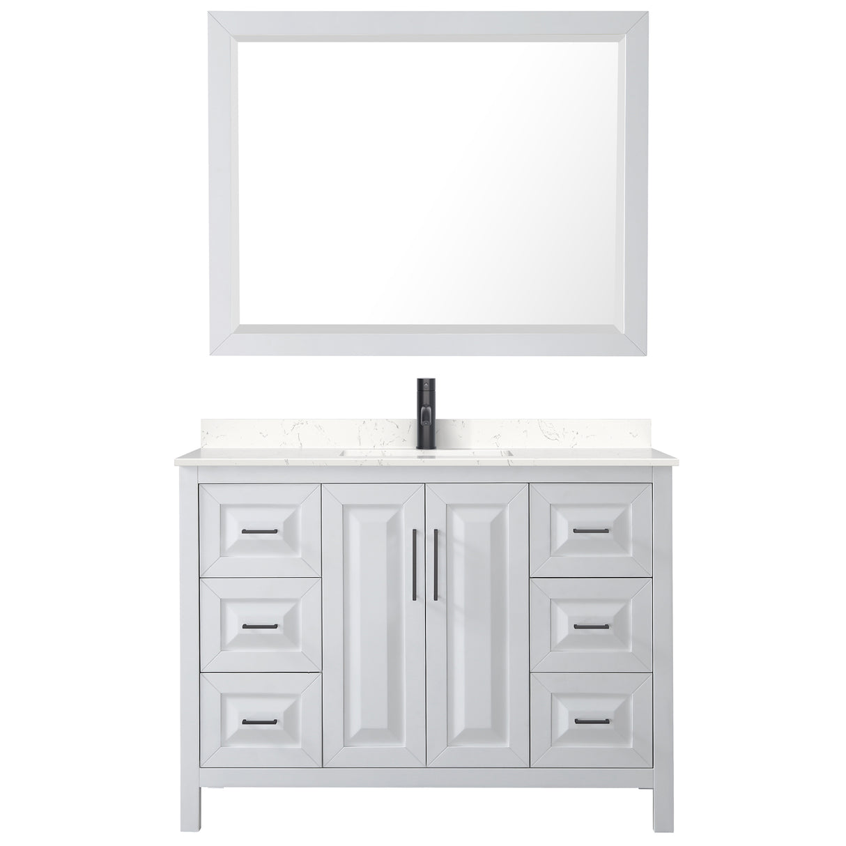 Daria 48 Inch Single Bathroom Vanity in White Carrara Cultured Marble Countertop Undermount Square Sink Matte Black Trim 46 Inch Mirror