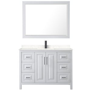 Daria 48 Inch Single Bathroom Vanity in White Carrara Cultured Marble Countertop Undermount Square Sink Matte Black Trim 46 Inch Mirror