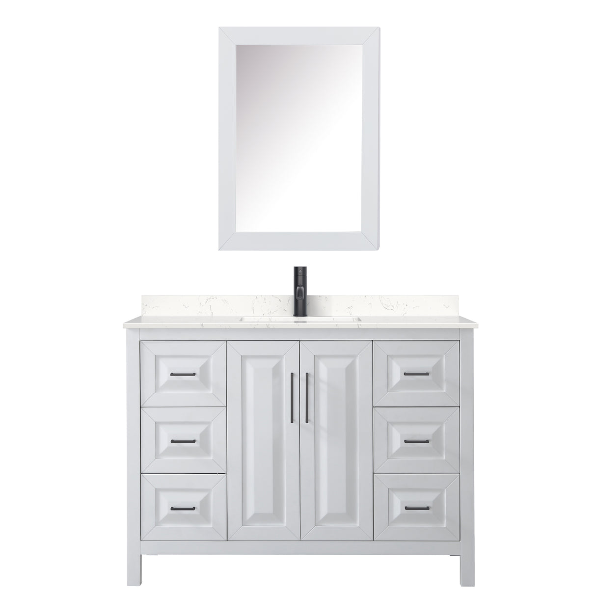 Daria 48 Inch Single Bathroom Vanity in White Carrara Cultured Marble Countertop Undermount Square Sink Matte Black Trim Medicine Cabinet