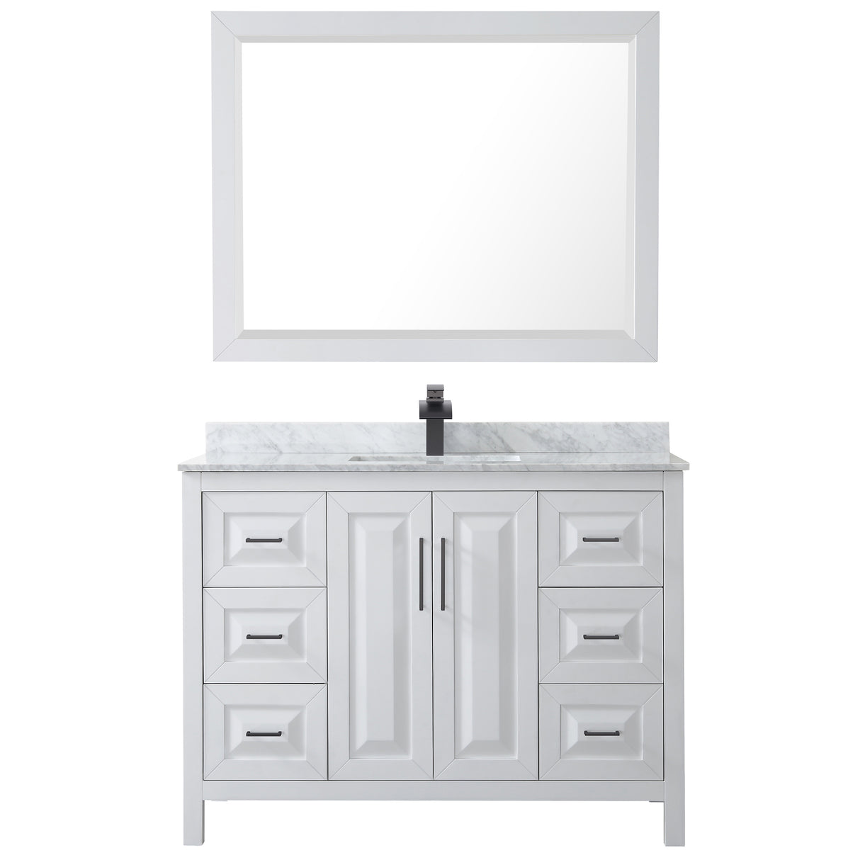 Daria 48 Inch Single Bathroom Vanity in White White Carrara Marble Countertop Undermount Square Sink Matte Black Trim 46 Inch Mirror
