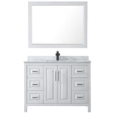 Daria 48 Inch Single Bathroom Vanity in White White Carrara Marble Countertop Undermount Square Sink Matte Black Trim 46 Inch Mirror