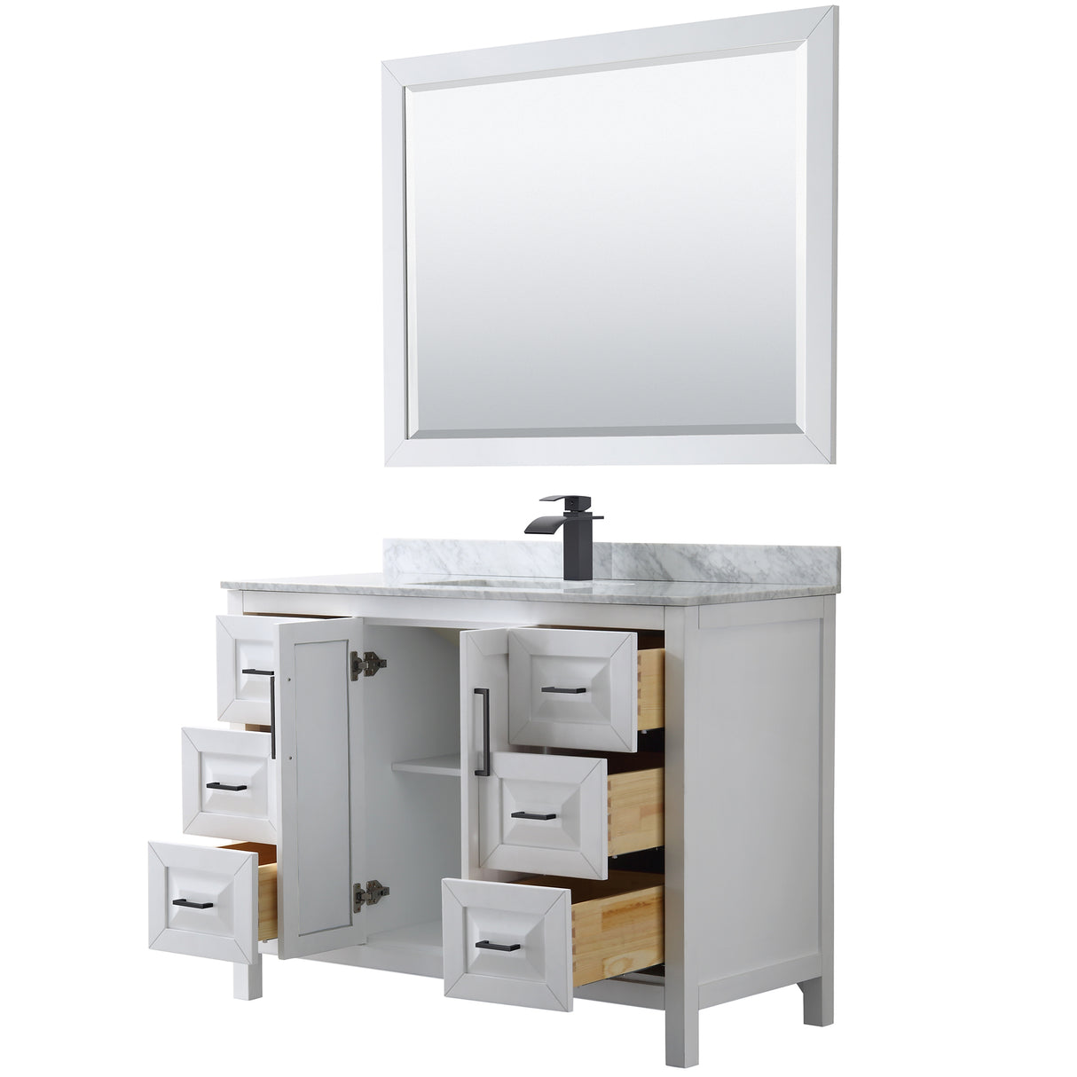 Daria 48 Inch Single Bathroom Vanity in White White Carrara Marble Countertop Undermount Square Sink Matte Black Trim 46 Inch Mirror