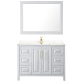 Daria 48 Inch Single Bathroom Vanity in White Carrara Cultured Marble Countertop Undermount Square Sink 46 Inch Mirror Brushed Gold Trim